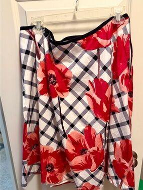 Talbots Red Floral on Black-and-White Plaid A-Line Skirt